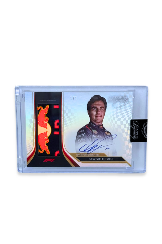 Front of 2024 Topps Dynasty Sergio Perez autograph card, serial numbered 1 of 1, featuring a full stitched Red Bull logo memorabilia patch and on-card signature.