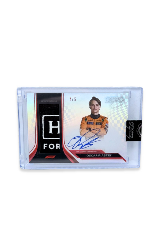 Front of 2024 Topps Dynasty Oscar Piastri autograph card, serial numbered 4 of 5, featuring a Hilton Honors logo patch and on-card signature.