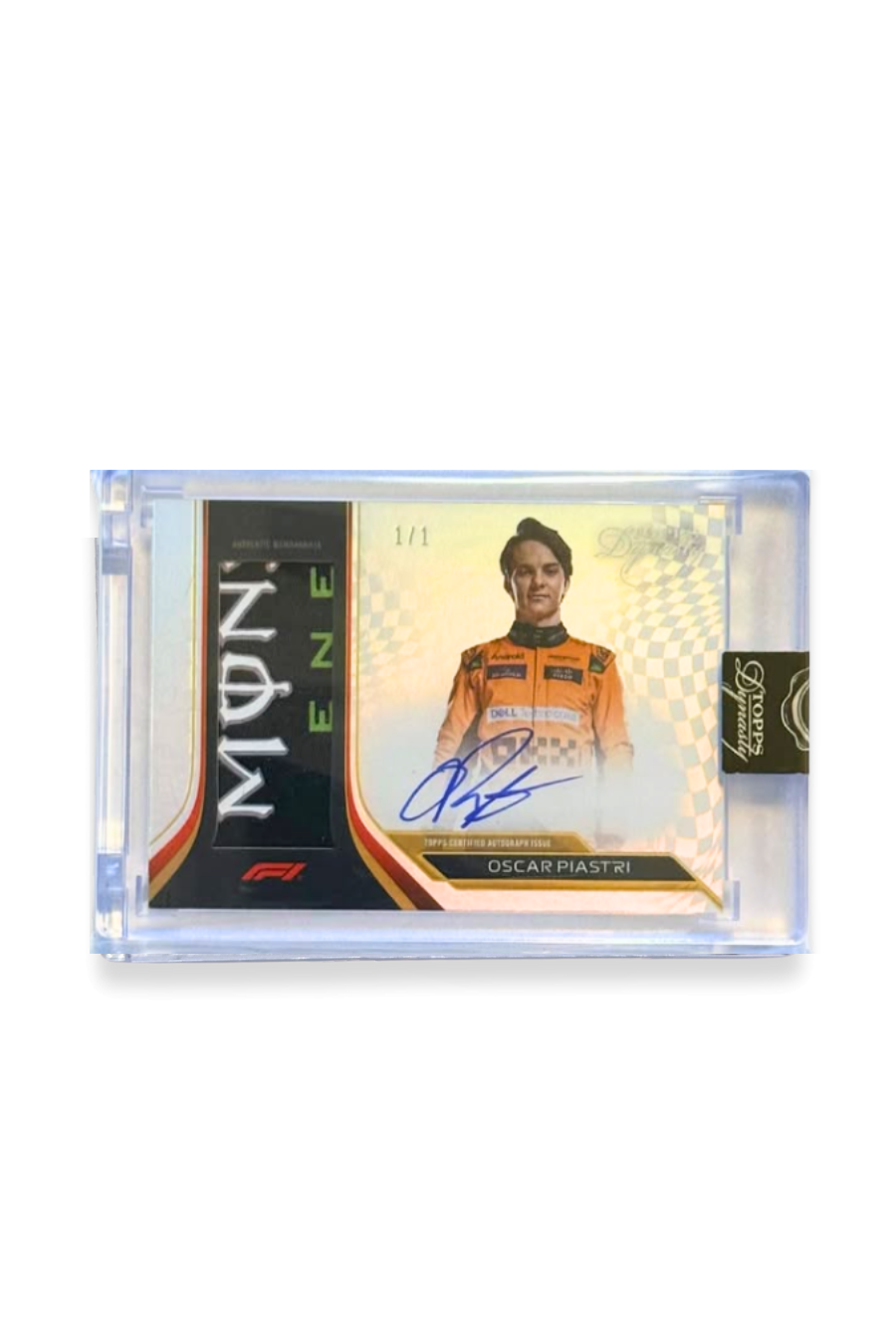 Front of 2024 Topps Dynasty Oscar Piastri 1/1 autograph card with vertical Monster Energy sponsor patch and signature.