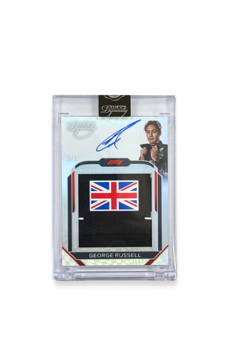 Front of 2024 Topps Dynasty George Russell 1/1 autograph card featuring a Union Jack flag patch and signature.
