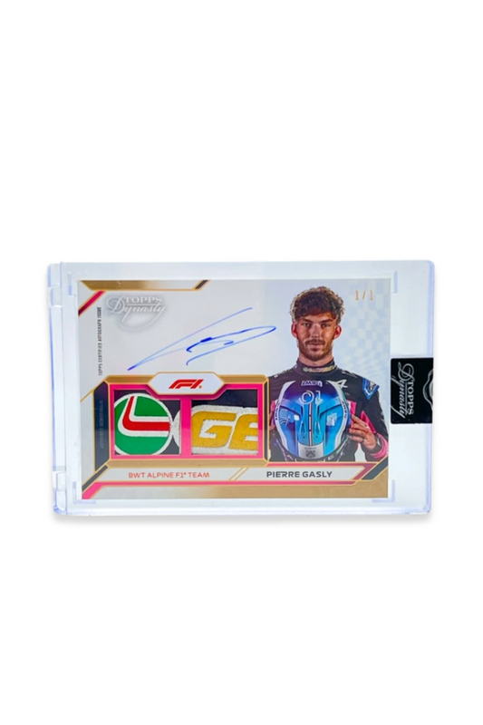 Front of 2024 Topps Dynasty Pierre Gasly Triple Patch Auto card, serial numbered 1 of 1, showing colorful Alpine logo patches.