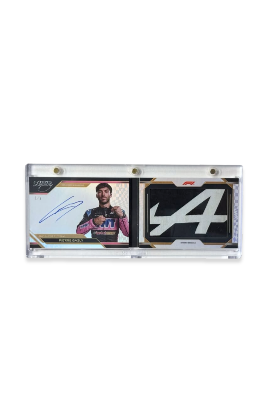 Front of 2024 Topps Dynasty Pierre Gasly Booklet Patch Auto card, serial numbered 1 of 1, featuring large Alpine “A” logo patch.