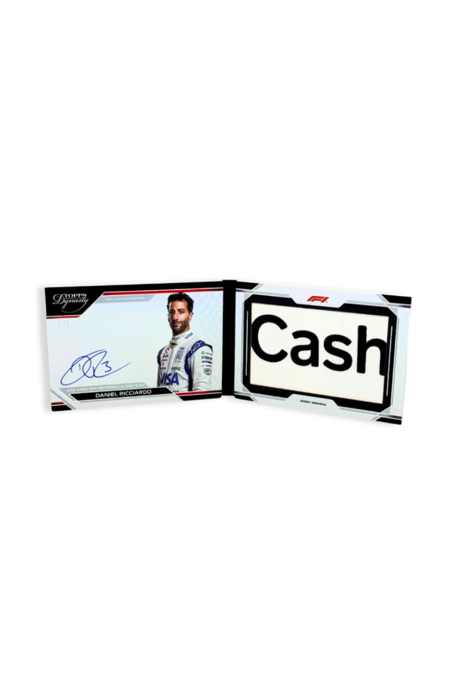 Front of 2024 Topps Dynasty Daniel Ricciardo Booklet Auto card, serial numbered 2 of 5, showing large "Cash" patch and autograph.