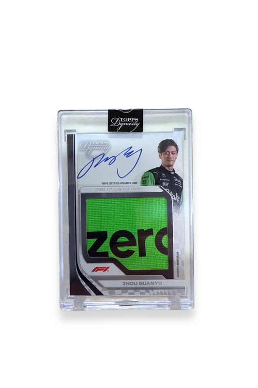 Front of 2024 Topps Dynasty Zhou Guanyu Logo Patch Auto card, serial numbered 1 of 1, with green “zero” logo patch.