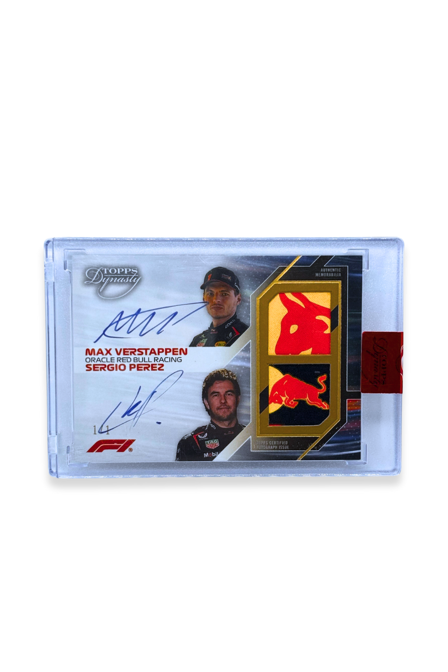 2023 Topps Dynasty F1 Dual Patch Autograph 1/1 card featuring Max Verstappen and Sergio Perez with Red Bull logo patches