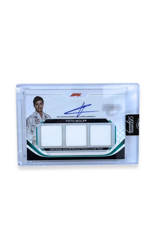 Topps Dynasty 2024 Toto Wolff patch auto F1 card featuring four-piece patch and autograph. Serial numbered 02/10. Rare Mercedes-AMG Petronas collectible.