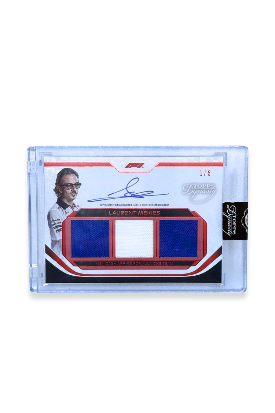 2024 Topps Dynasty Laurent Mekies F1 patch autograph card with blue and white fabric, signed, serial numbered 1/5