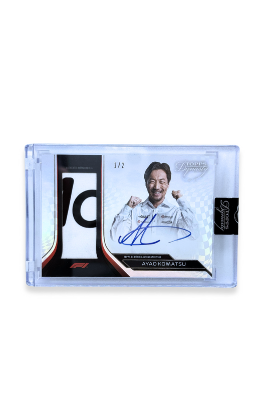 2024 Topps Dynasty Ayao Komatsu F1 patch autograph card with black and white patch, signed, serial numbered 1/2
