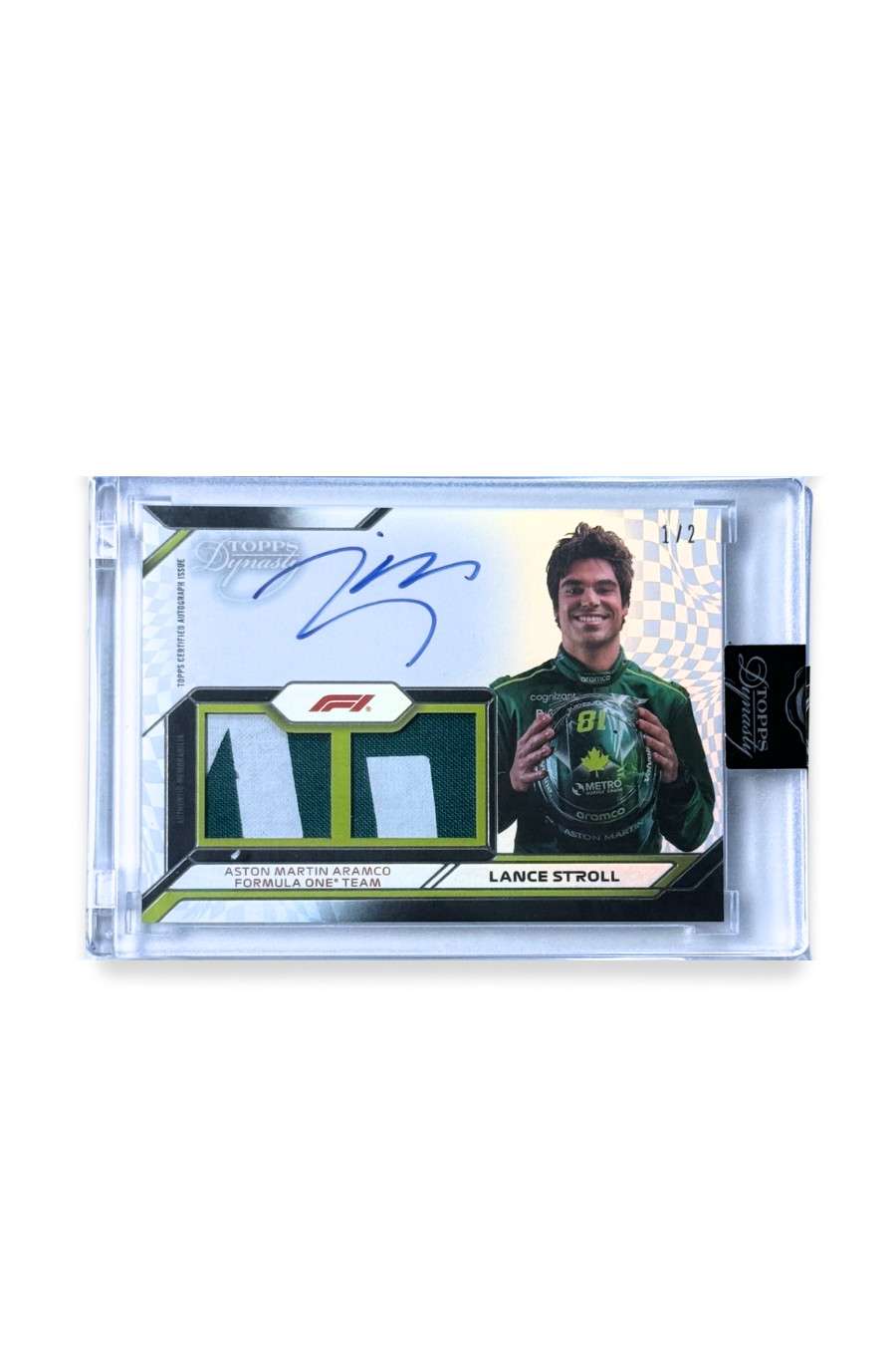 2024 Topps Dynasty Lance Stroll Aston Martin F1 patch autograph card with dual patch, signed, serial numbered 1/2