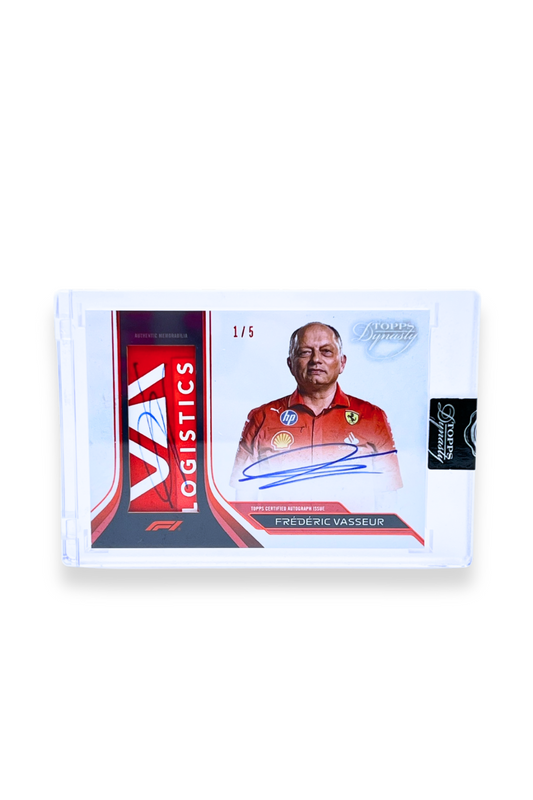 Front of 2024 Topps Dynasty Frédéric Vasseur Vertical Patch Auto card, serial numbered 1/5, featuring “LOGISTICS” red patch and autograph