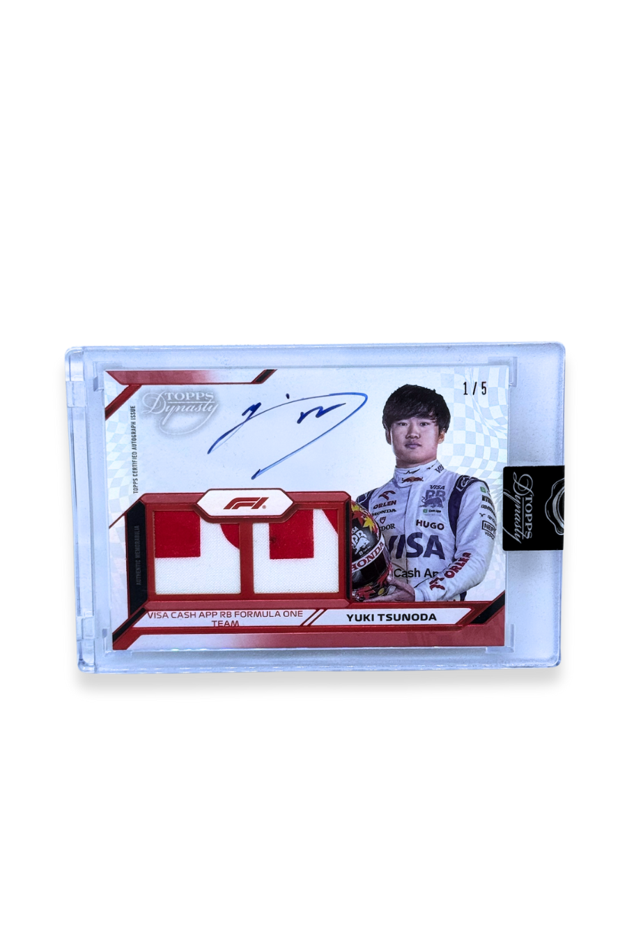 Front of 2024 Topps Dynasty Yuki Tsunoda Dual Patch Auto card, serial numbered 01/05, featuring two red-and-white memorabilia swatches and autograph