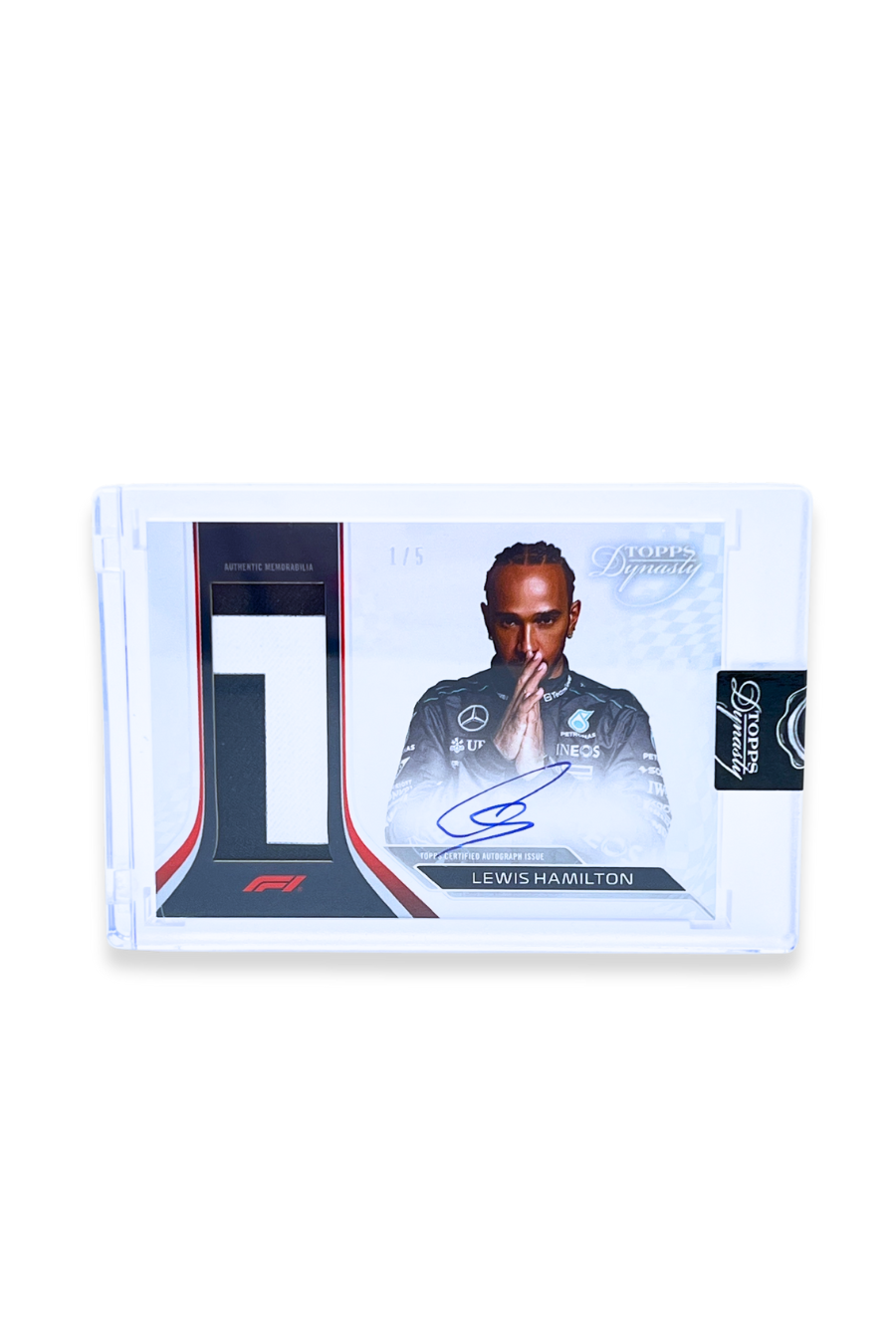 Front of 2024 Topps Dynasty Lewis Hamilton Patch Auto card, serial numbered 01/05, featuring white and black patch and autograph