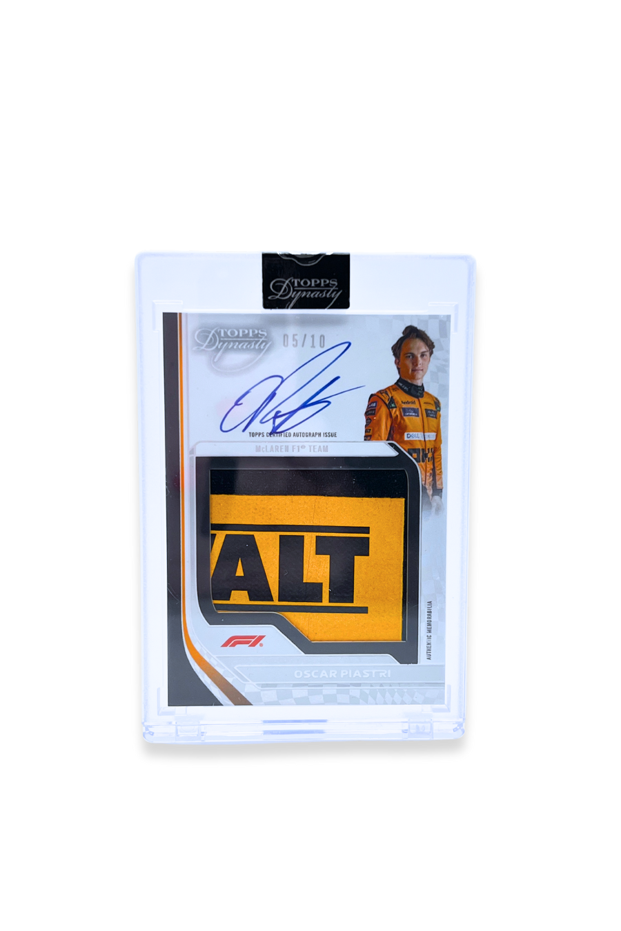 Front of 2024 Topps Dynasty Oscar Piastri Patch Auto card, serial numbered 05/10, featuring large yellow and black "WALT" logo patch and autograph