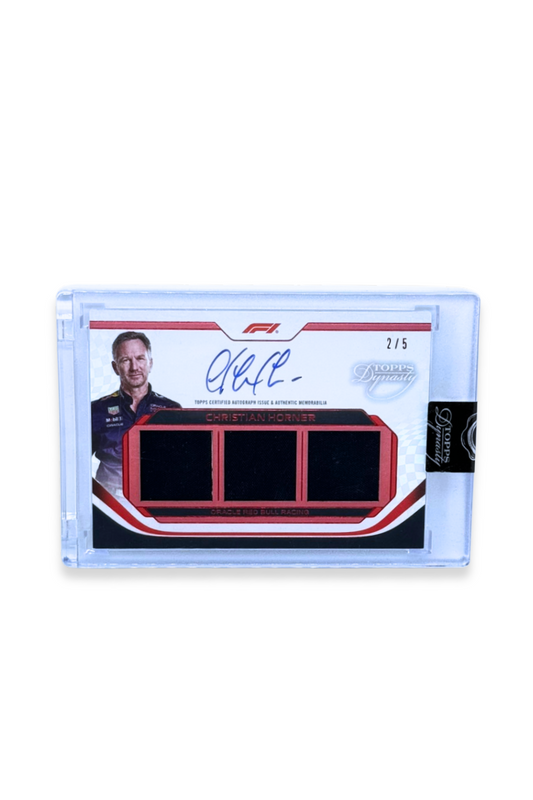 Front of 2024 Topps Dynasty Christian Horner Triple Patch Auto card, serial numbered #2/5, featuring navy fabric swatches and autograph