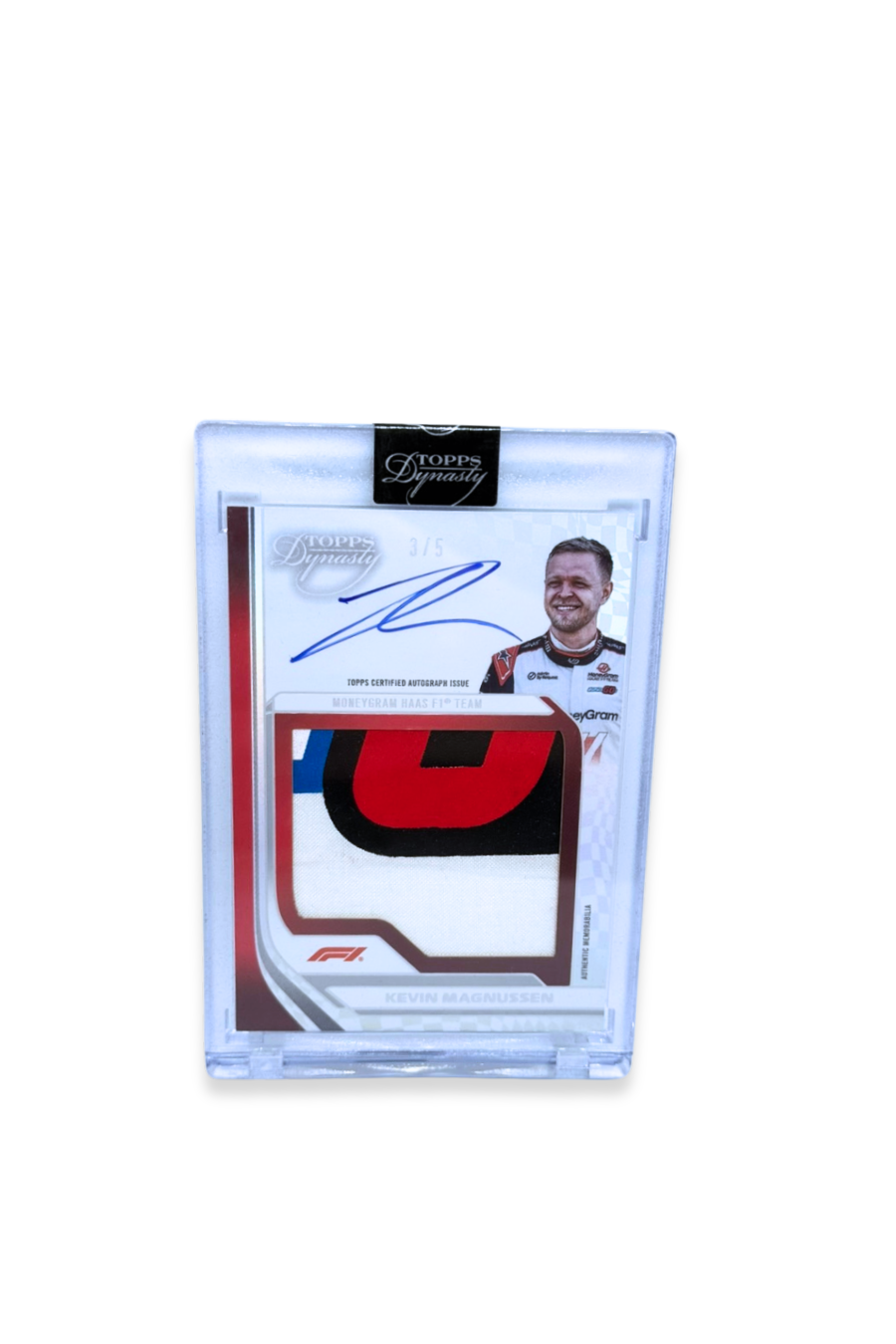 Front of 2024 Topps Dynasty Kevin Magnussen Jumbo Patch Auto card, serial numbered #3/5, featuring autograph and tri-color patch