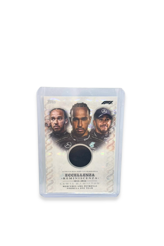 Front of 2024 Topps Eccellenza Reminiscenza Lewis Hamilton suit relic & autograph card