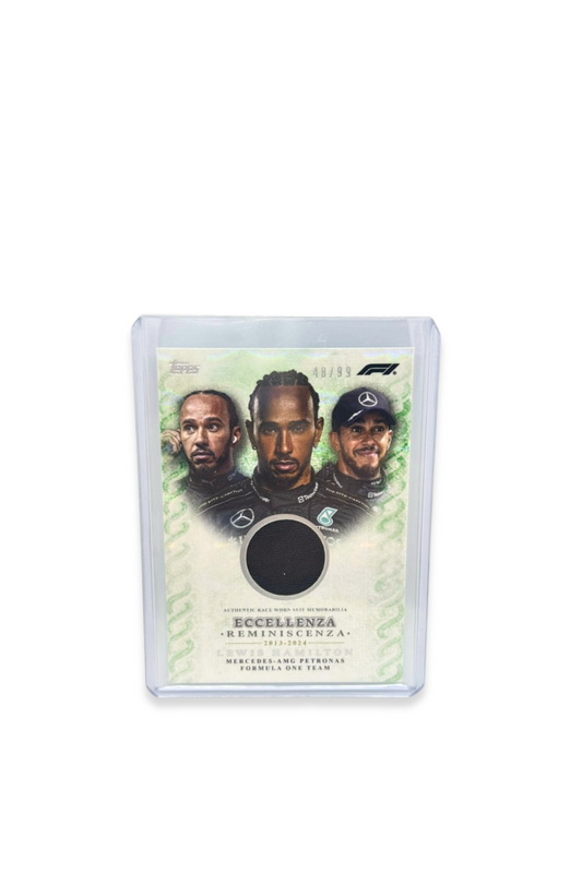 Shop this 2024 Topps Eccellenza Reminiscenza Lewis Hamilton suit relic card #48/99 — includes authentic race-worn memorabilia from 2013–2024. A stunning tribute