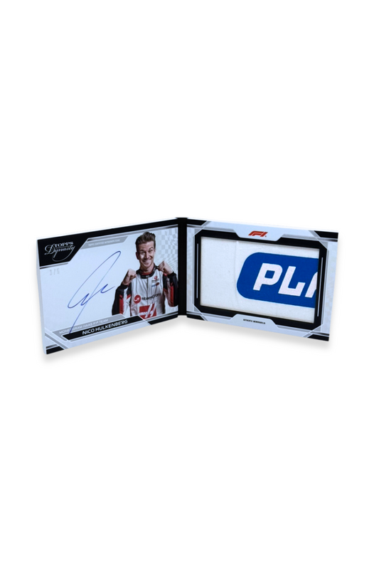 Front of 2024 Topps Dynasty Nico Hülkenberg booklet patch auto card, serial numbered 3/5, featuring autograph and large memorabilia swatch.