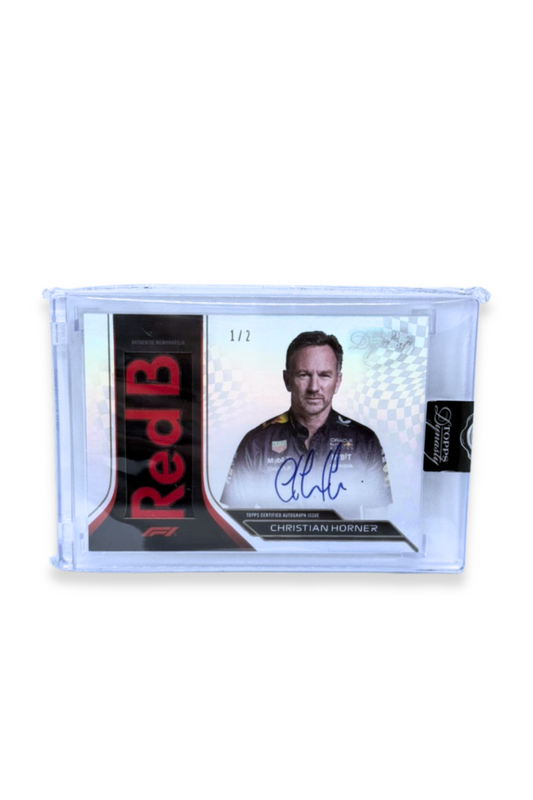Front of 2024 Topps Dynasty Christian Horner jumbo patch autograph card, serial numbered 1/2, featuring a Red Bull memorabilia patch