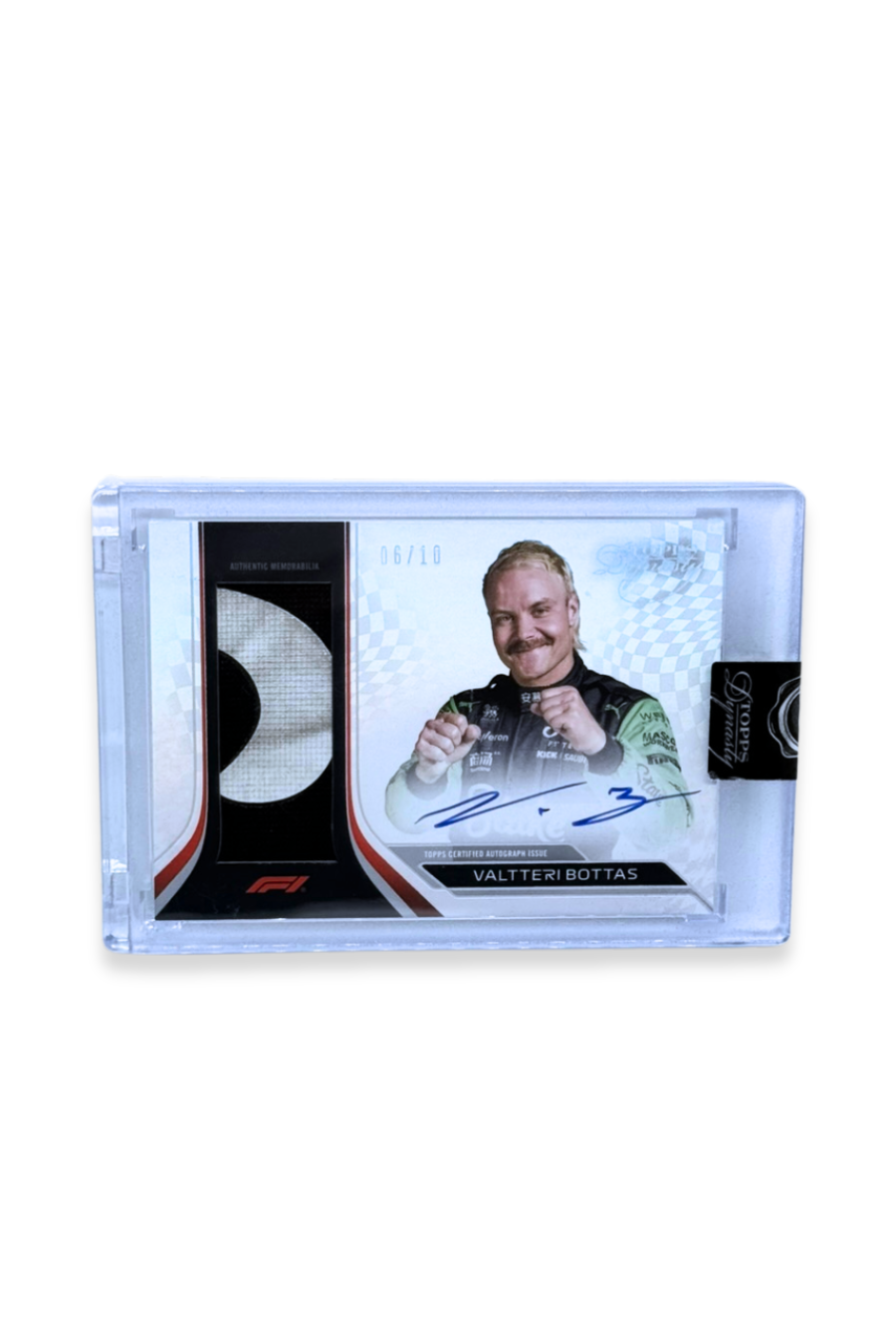 Front of 2024 Topps Dynasty Valtteri Bottas patch autograph card, serial numbered 06/10, featuring black-and-white patch and on-card autograph