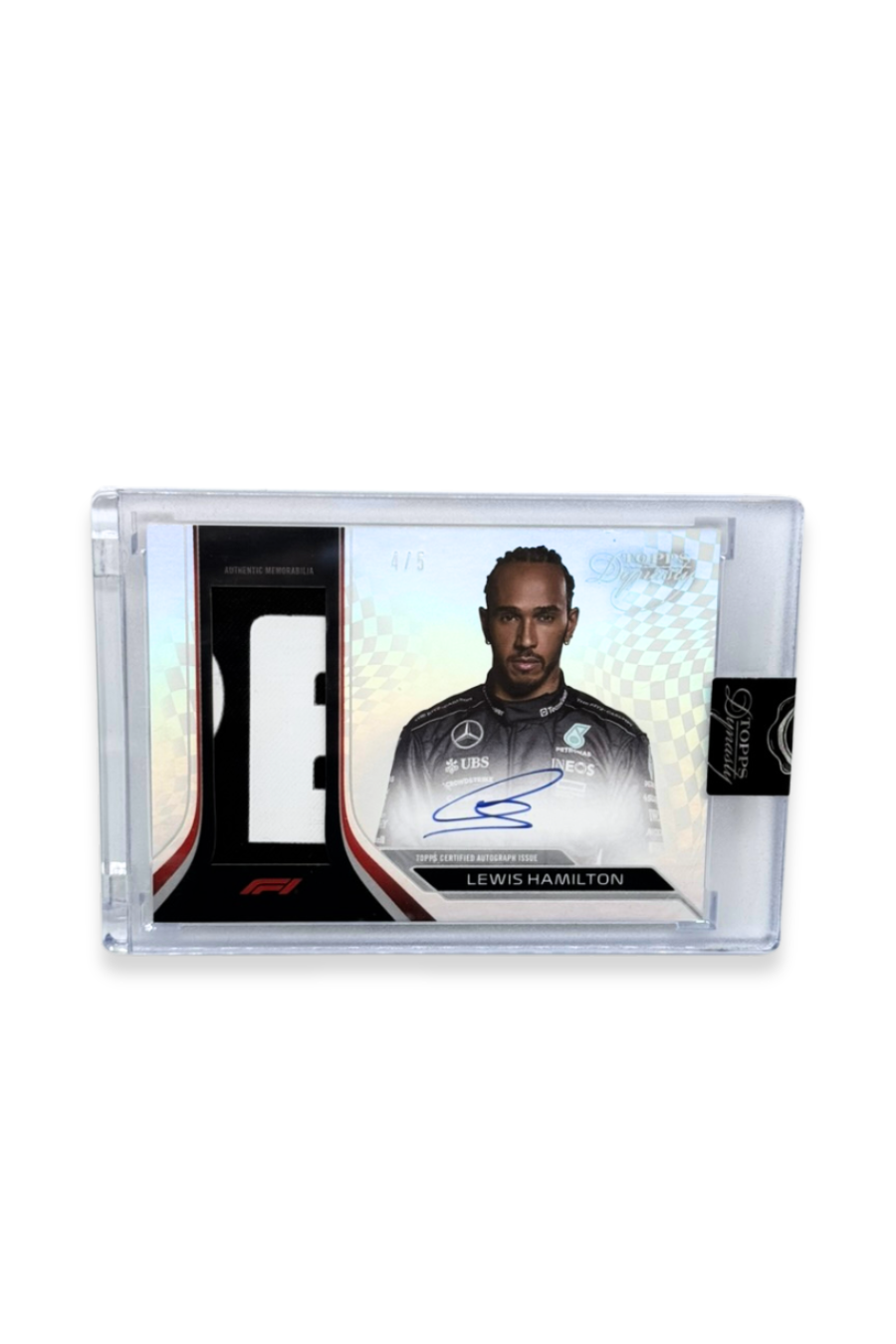 Front of 2024 Topps Dynasty Lewis Hamilton patch autograph card, serial numbered 4 of 5, with black and white memorabilia patch.