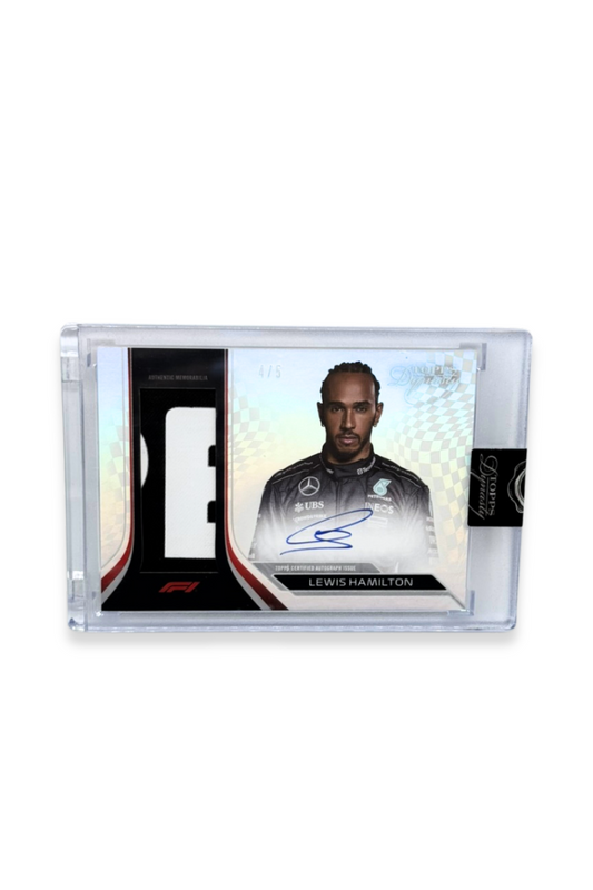 Front of 2024 Topps Dynasty Lewis Hamilton patch autograph card, serial numbered 4 of 5, with black and white memorabilia patch.