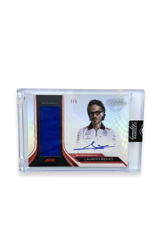 Front of 2024 Topps Dynasty Laurent Mekies patch autograph card, serial numbered 2 of 5, with blue memorabilia patch.