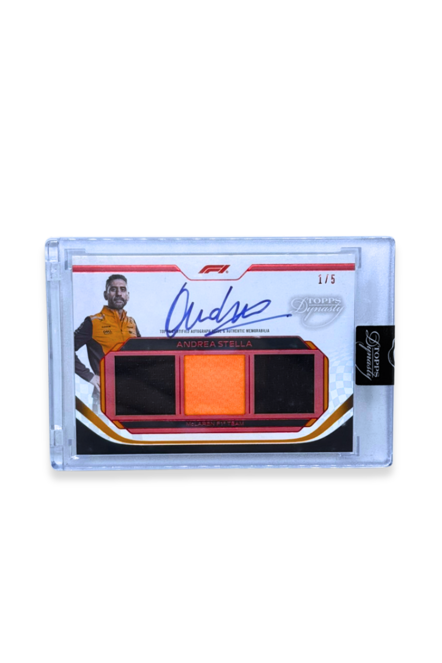 Front of 2024 Topps Dynasty Andrea Stella triple patch autograph card, serial numbered 1 of 5, featuring orange and black memorabilia patches.
