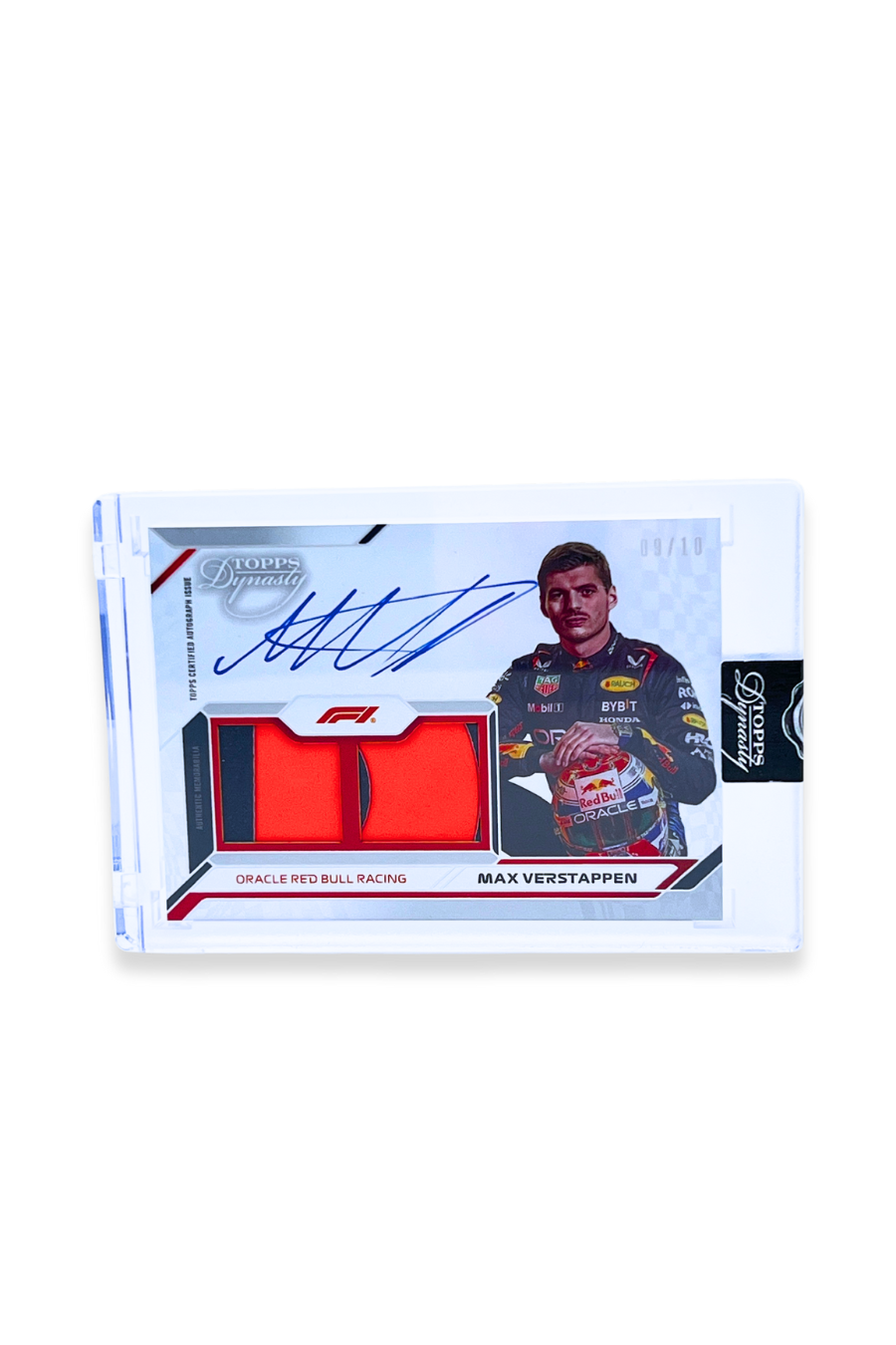 Front of 2024 Topps Dynasty Max Verstappen dual patch autograph card, serial numbered 9 of 10, featuring two red memorabilia patches.