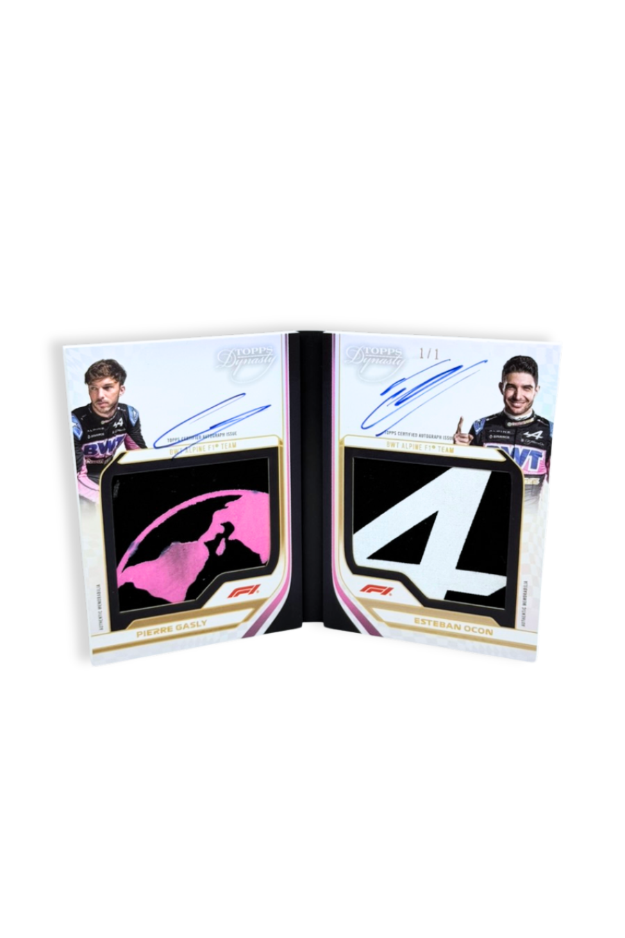Inside of 2024 Topps Dynasty Pierre Gasly & Esteban Ocon dual patch autograph booklet card, serial numbered 1 of 1, showing pink Alpine patch and white “4” patch with autographs.