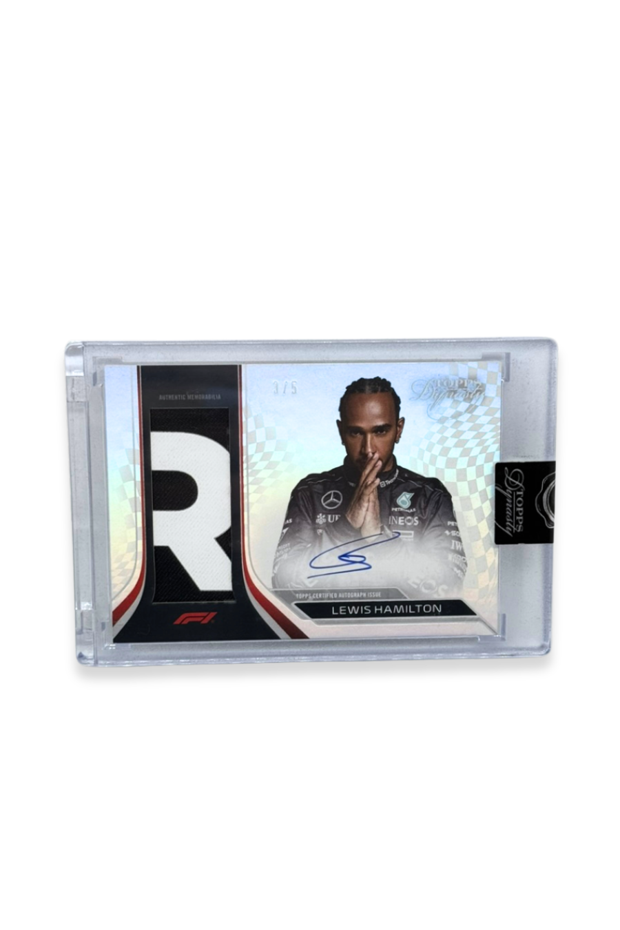 Front of 2024 Topps Dynasty Lewis Hamilton patch autograph card, serial numbered 3 of 5, with black and white memorabilia patch.