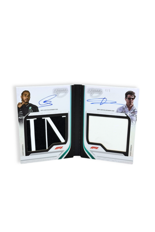 Front cover of 2024 Topps Dynasty Lewis Hamilton & Toto Wolff dual patch autograph booklet card, serial numbered 4 of 5.
