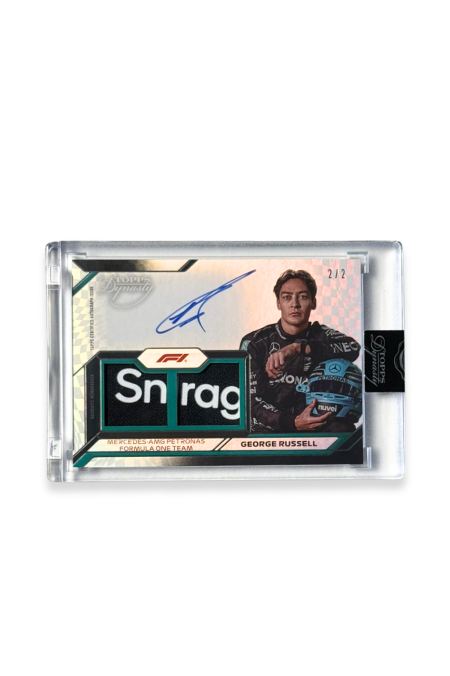 Front of 2024 Topps Dynasty George Russell logo patch autograph card, serial numbered 2 of 2, featuring black, white, and green “Snrag” memorabilia patch.