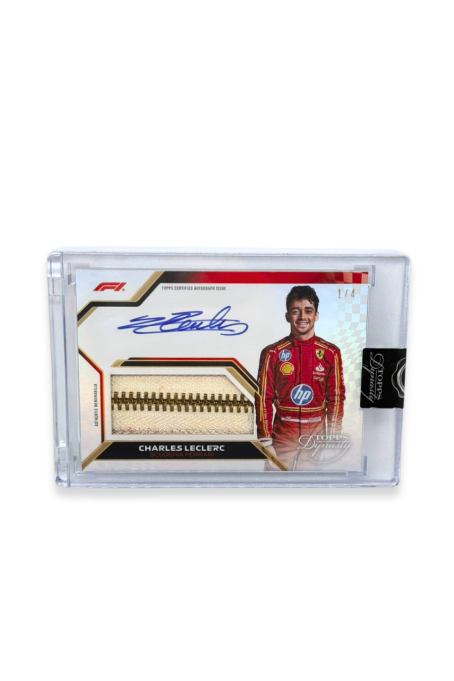 Front of 2024 Topps Dynasty Charles Leclerc zipper patch autograph card, serial numbered 1 of 4, with gold zipper memorabilia patch.