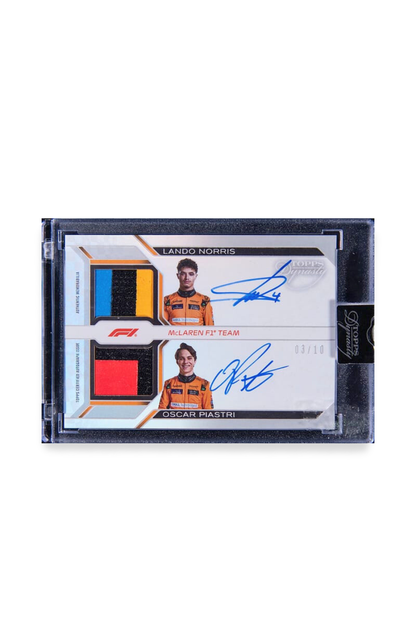 Front of 2024 Topps Dynasty Lando Norris and Oscar Piastri dual patch autograph card, serial numbered 3 of 10, showing dual multi-color memorabilia patches and autographs.