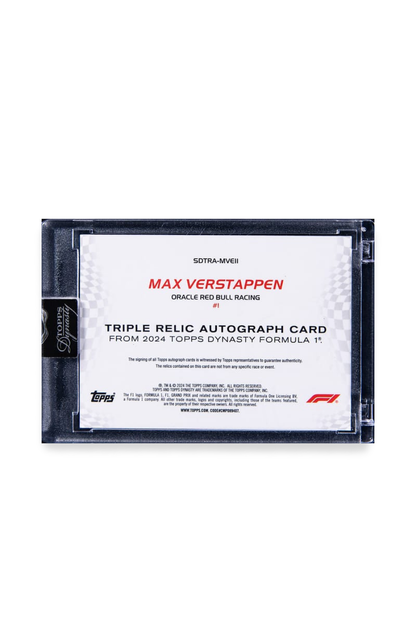 Back of 2024 Topps Dynasty Max Verstappen triple patch autograph card, showing authenticity text and Oracle Red Bull Racing details.