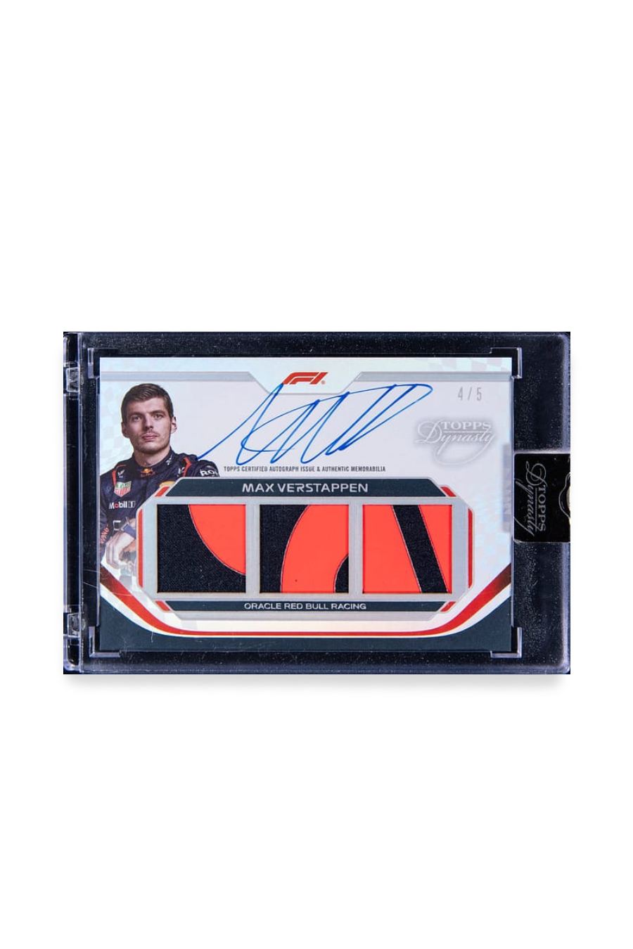 Front of 2024 Topps Dynasty Max Verstappen triple patch autograph card, serial numbered 4 of 5, showing red and black memorabilia patches and autograph.
