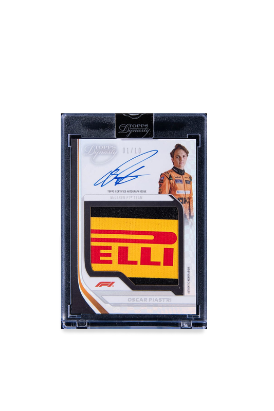 Front view of 2024 Topps Dynasty Oscar Piastri Jumbo Relic Autograph 01/10 featuring Pirelli logo and blue on-card signature.