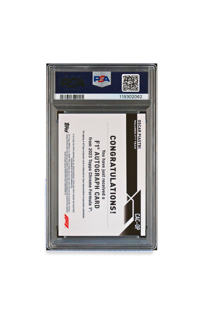 Back of PSA-encased 2023 Topps Chrome F1 Oscar Piastri Autograph Orange Refractor /25 showing Topps authentication.