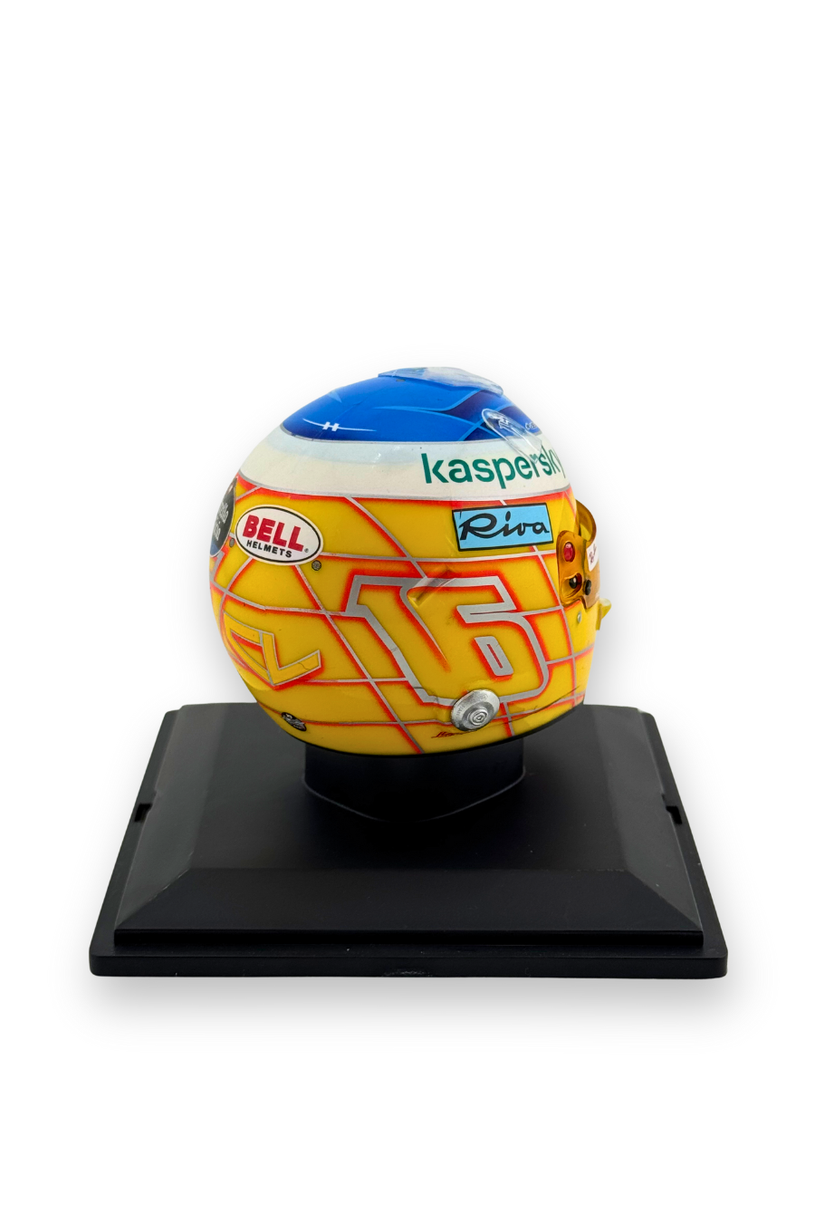 Rear view of Charles Leclerc 2021 French GP 1:5 scale Ferrari helmet with number 16 and Bell Helmets logo.