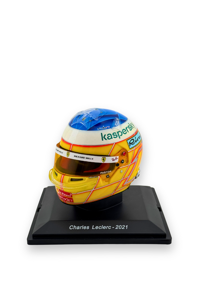 Front view of Charles Leclerc 2021 French GP 1:5 scale Ferrari helmet with Kaspersky and Richard Mille sponsor logos.
