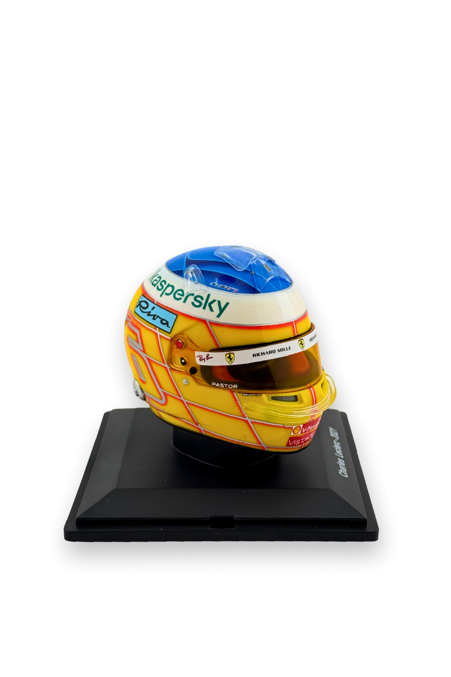 Right side of Charles Leclerc 2021 French GP Ferrari 1:5 scale helmet featuring Riva and Kaspersky sponsors.