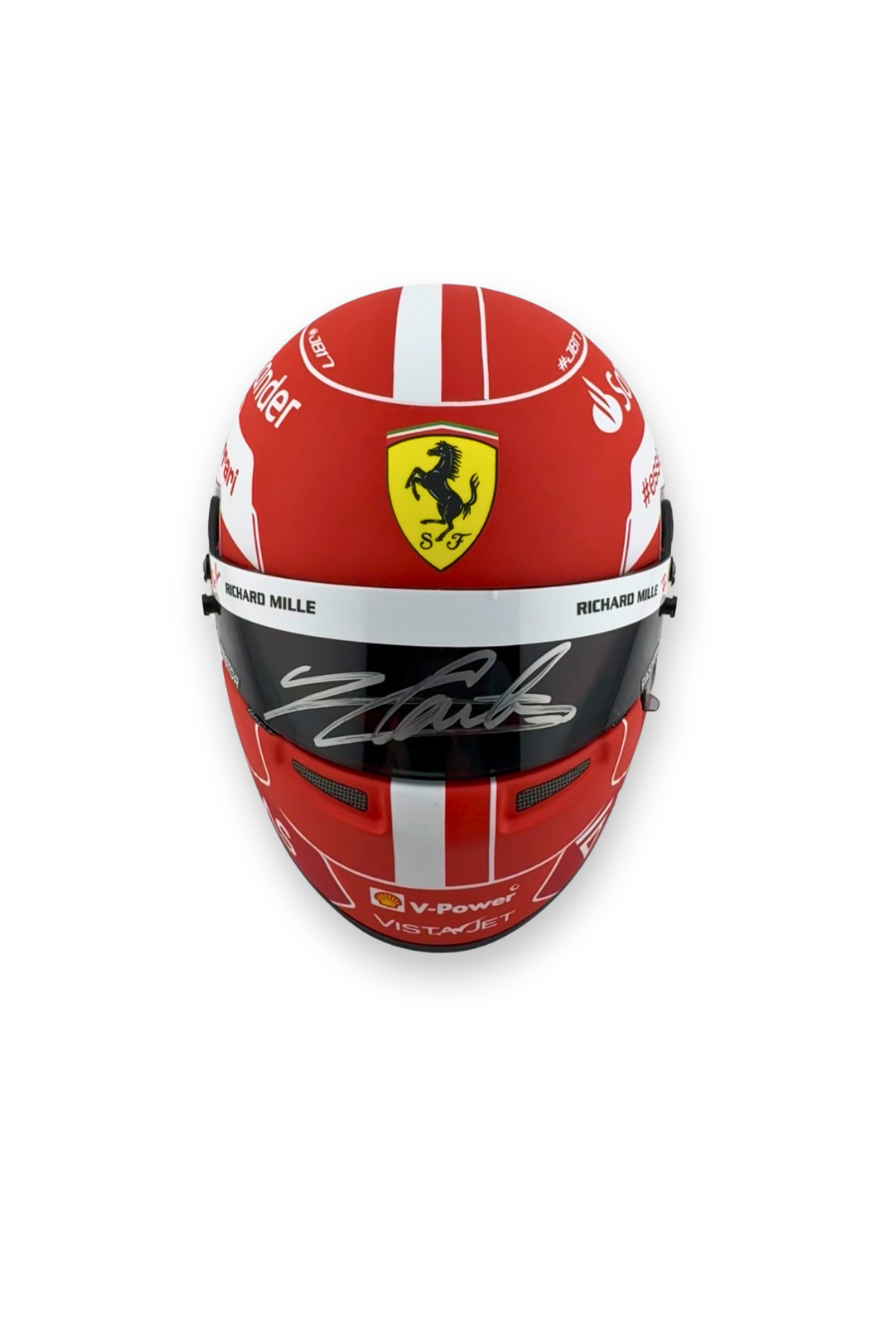 Front view of Charles Leclerc 2022 Ferrari helmet featuring Ferrari shield and Leclerc autograph on visor.