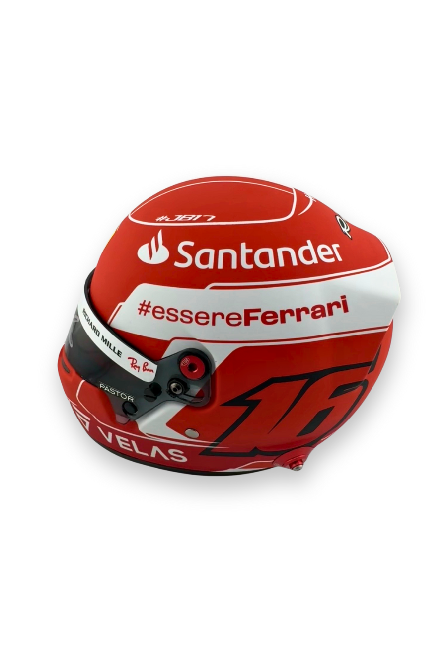 Side view of Charles Leclerc 2022 Ferrari helmet with Santander and #essereFerrari sponsors.