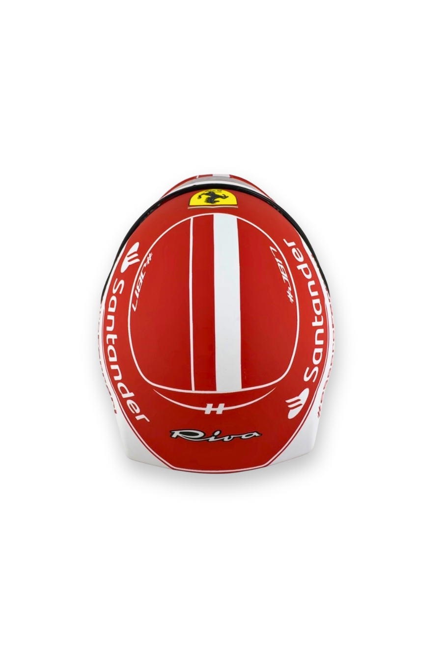 Top view of Charles Leclerc 2022 Ferrari helmet with Ferrari crest and Santander branding.
