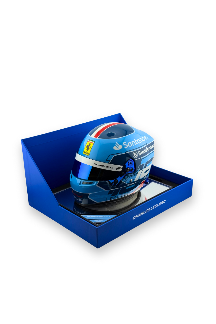 Charles Leclerc 2024 Miami GP 1:2 scale Bell helmet with Ferrari display box, front view.
