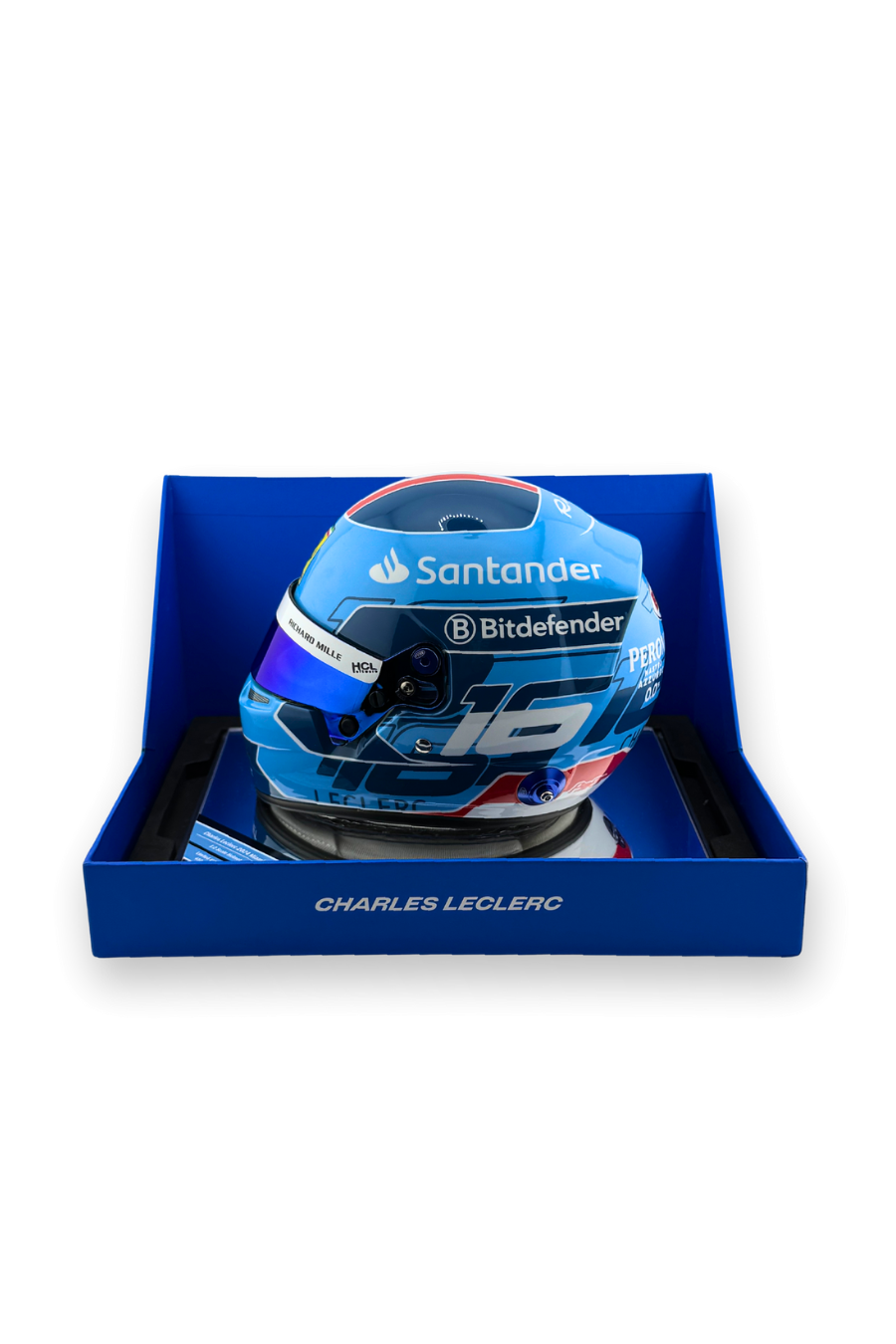 Left side view of Charles Leclerc 2024 Miami GP Bell helmet with Santander and Bitdefender logos.
