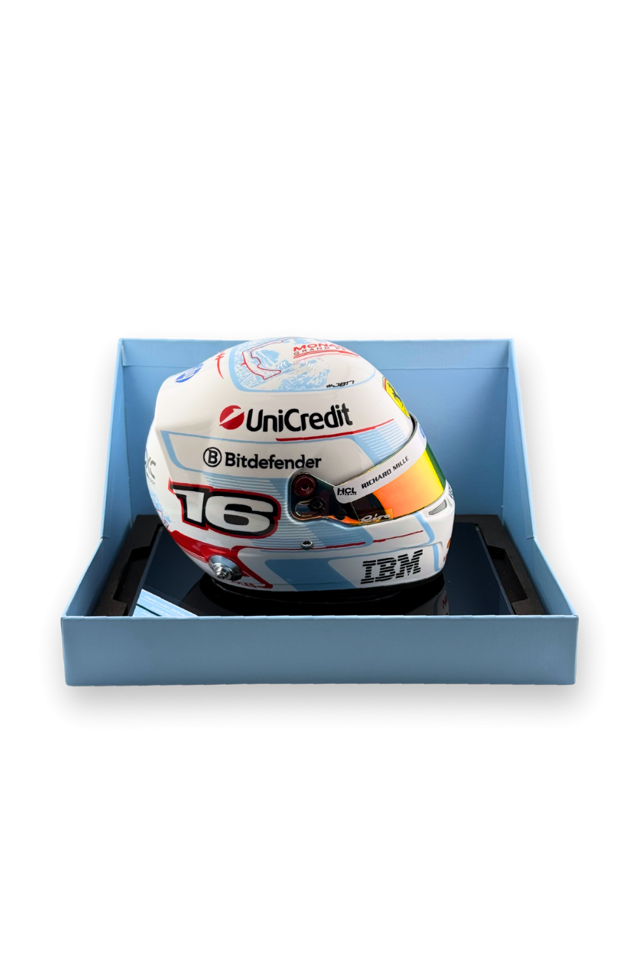 Right side view of Charles Leclerc 2025 Monaco GP Bell helmet with Ferrari badge and detailing
