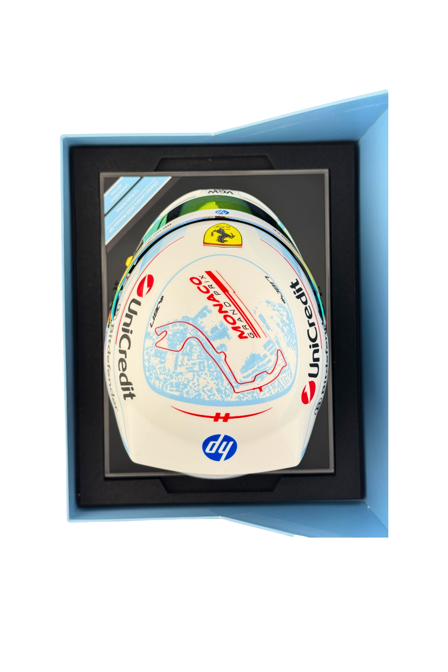 Top view of Charles Leclerc 2025 Monaco GP Bell helmet showing circuit map design and number of units label