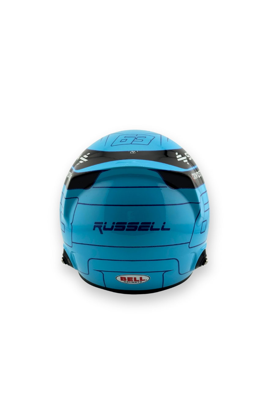 Rear view of George Russell 2023 Mercedes-AMG Petronas mini helmet featuring Russell name.